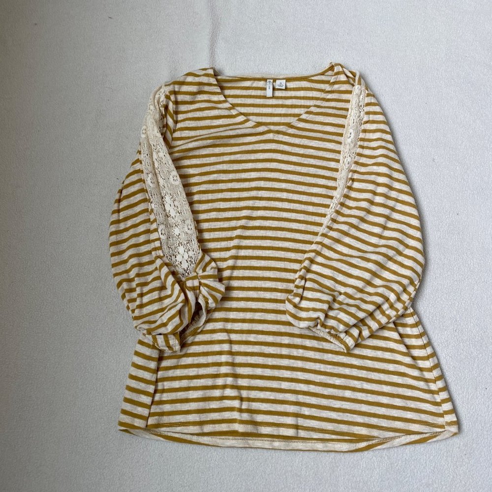 C Est 1946 Womens Yellow White Striped Lace‎ Long Sleeve V-Neck Pullover Top S